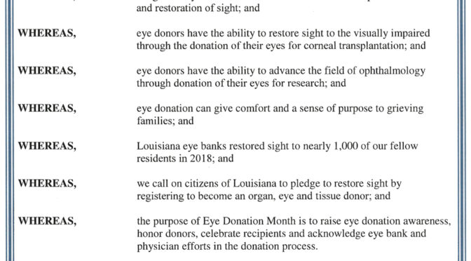 State of Louisiana Eye Donation Month Proclamation John Bel Edwards