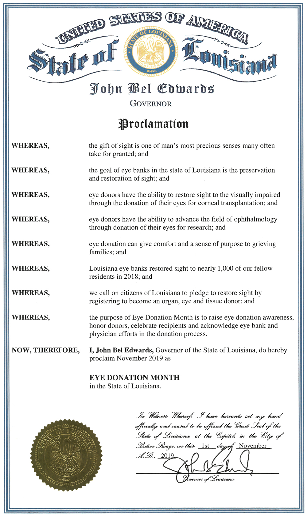 State of Louisiana Eye Donation Month Proclamation John Bel Edwards