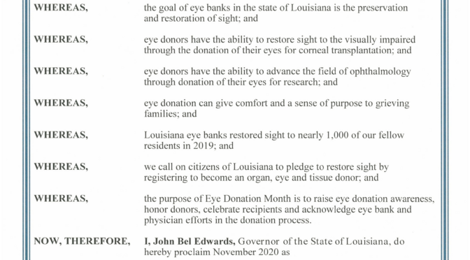 state of louisiana eye donation month proclamation november 2020