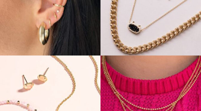 Kendra Scott jewelry 4-image collage: earrings in upper right, necklaces in upper left and bottom right, and butterfly pendant over fuchsia sweater in bottom right.