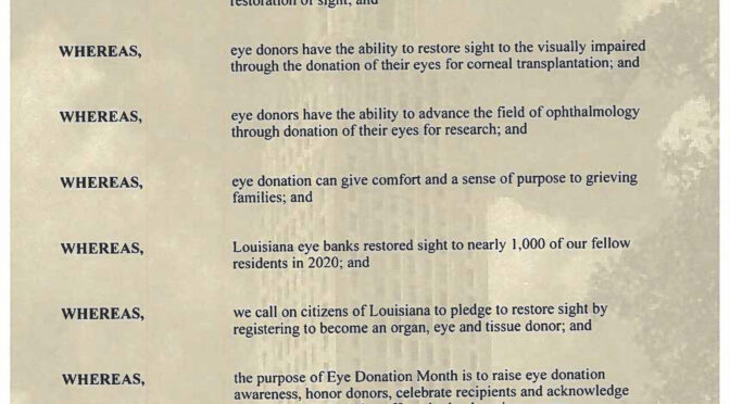 state of louisiana eye donation month proclamation november 2021