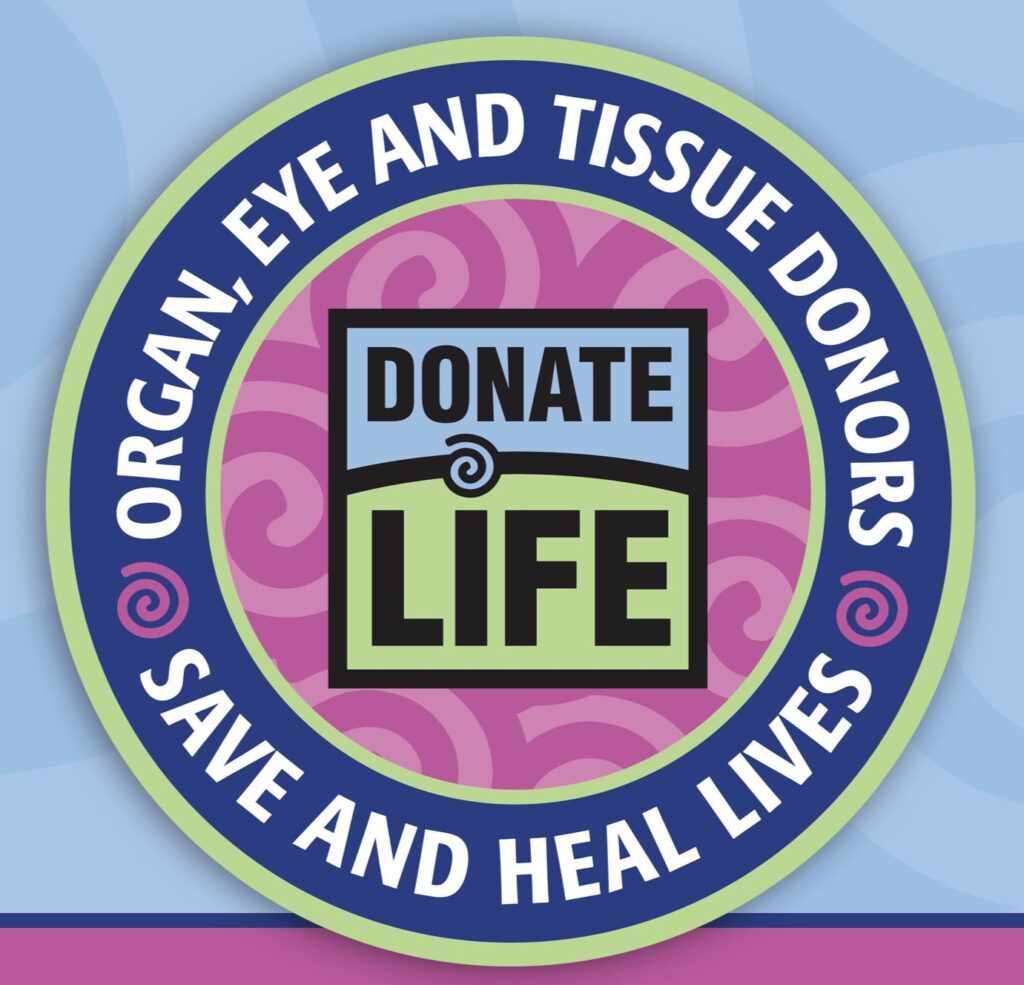 Donate Life national logo with text in a circle: Organ, eye and tissue donors save and heal lives.