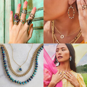 Kendra Scott jewelry 4-image collage: rings in upper left, earrings and necklaces in upper right and bottom right, and necklaces in bottom left