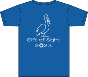 Blue t-shirt with Gift of Sight 2023 blue background with white pelican and eyeball in the place of the zero in 2023